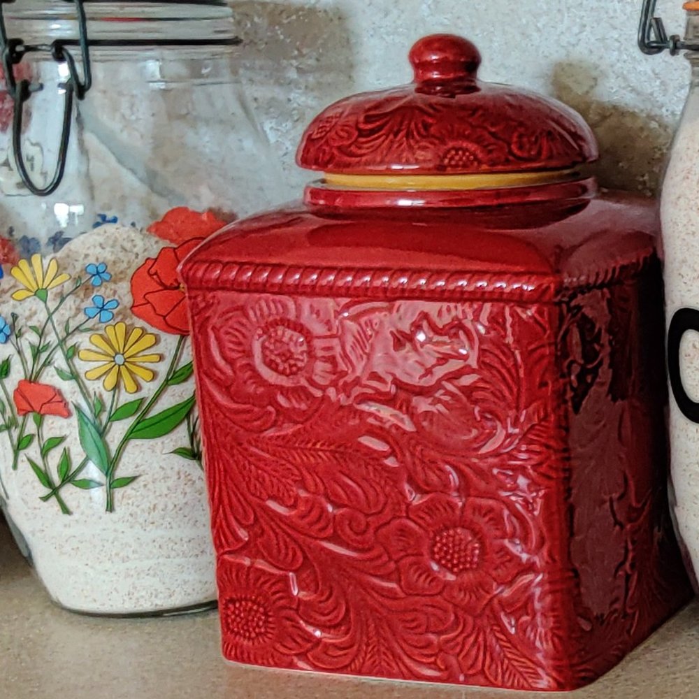 Red Ceramic Utensil Holder Container Yellow